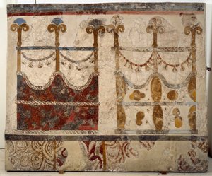 Minoïsche beschaving: voorstelling van twee portalen. Fresco uit het lustrale bassin van het Xeste 3 gebouw van Akrotiri (Thera), Santorini