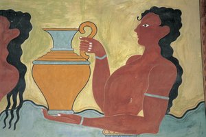 Close-up van een muurschildering op de muur van een paleis, Paleis van Minos, Knossos, Kreta, Griekenland