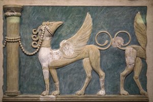 Fresco van hoog-reliëf Griffioenen, Paleis van Knossos, 1600-1450 v.Chr. door Minoan