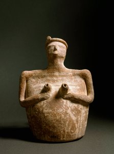 Minoïsche kunst: terracotta vaas in de vorm van een vrouw die haar borst ondersteunt. Uit het heiligdom van Piskokephalo op Kreta. 1700-1450 v.Chr. Heraklion, Archeologisch Museum door Minoan