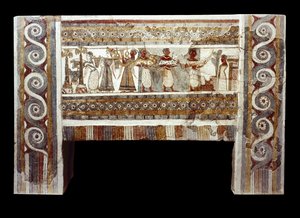 Scène van de cultus van de doden, fresco op de sarcofaag van Haghia Triada door Minoan
