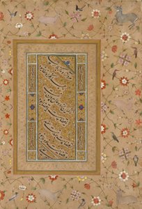 Pagina uit het Late Shah Jahan Album: Perzische Kalligrafie Omgeven door een Sierlijke Rand van Bloemen en Vogels door Mir 
