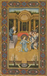 Jezus tussen de artsen in de Tempel, ca. 1760 (dekkende aquarel met goud op papier, bloemenranden in kleuren op goudgrond) door Mir Kalan Khan