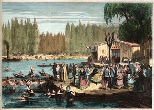 Zwemmen bij La Grenouillère, net buiten Parijs - La Grenouillère bij Croissy-sur-Seine in 1869 - naar Miranda. door Miranda Miranda