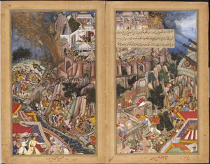 Een mijn explodeert tijdens het beleg van Chittor, Rajasthan