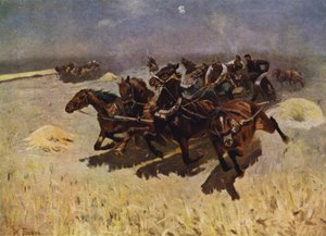 Tachanka (machinegeweer gemonteerd op een door paarden getrokken wagen) (kleur litho) door Mitrofan Borisovic Grekov