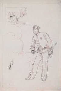 Voorbereidende tekening voor een houtsnede die een Japanse marineofficier tijdens de Chinees-Japanse oorlog afbeeldt