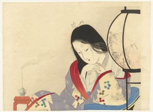 Vrouw bij een lamp in interieur door Mizuno Toshikata