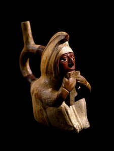 Precolumbiaanse kunst, Mochica beschaving: antropomorfe vaas die een panfluitspeler voorstelt. 200 v.Chr.-700 n.Chr. Göteborg, Etnografisch Museum door Moche Moche