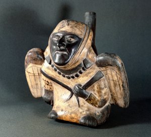 Precolumbiaanse kunst, Mochica cultuur (Moche): vaas van antropomorfe vorm die een man voorstelt. 100 v.Chr.-800 na Chr.