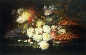 Stilleven met rozen, chrysanten, druiven en aardbeien
