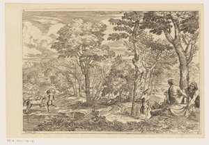 Boslandschap met saters (Landschappen naar Titiaan) door Moise Jean Baptiste Fouard