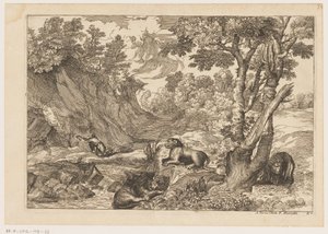 Landschap met de boetvaardige Hiëronymus en drie rustende leeuwen (Landschappen naar Titiaan) door Moise Jean Baptiste Fouard
