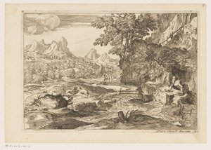 Landschap met de heilige Hiëronymus met twee vechtende leeuwen