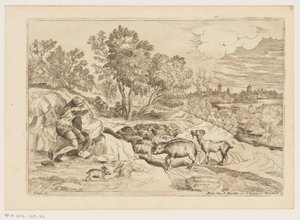 Landschap met drie rustende herders bij een kudde door Moise Jean Baptiste Fouard