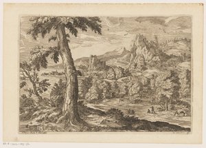 Landschap met figuren langs een rivier door Moise Jean Baptiste Fouard