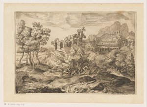 Landschap met herders met een kudde bij een ruïne door Moise Jean Baptiste Fouard