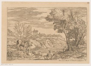 Landschap met man met paard een rivier overstekend door Moise Jean Baptiste Fouard