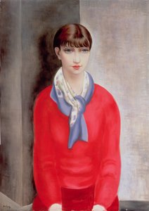 Kiki de Montparnasse in een rode trui en een blauwe sjaal