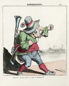 Vliegend blad, nummer 5, satirisch in kleuren, circa 1870: Badingoscoop - Commune van Parijs/Oorlog/Belegering, Jacht, President van de Republiek - Napoleon III - Illustratie door Moloch (1849-1909) door Moloch