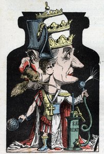 Allegorie van het Concordaat (ondertekend tussen Pius VII en Bonaparte) van 1801 voorgesteld door Moloch als een compressieapparaat met Napoleon III en de Paus door Moloch