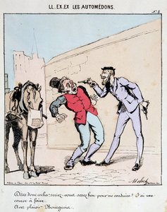 HE. EX. EX. Motoredons: Cartoon over transport in de stad. Een bourgeois vraagt beleefd een koetsier om hem te rijden terwijl hij hem met geweren bedreigt. Tekening door Moloch (1849-1909), rond 1860 door Moloch
