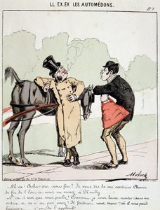 HE. EX. EX. Motoredons: Cartoon van transport in de stad. Een bourgeois die de koets vroeg hem naar Gare de l