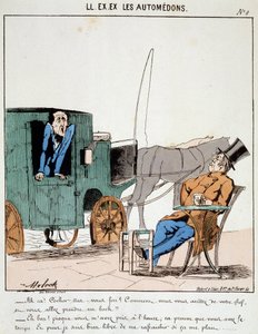 HE. EX. EX. Motoredons: Cartoon van transport in de stad. Een koetsier betaalt op tijd en stopt bij een café om een bock te nemen onder de regels van de bourgeois die hij vervoert. Tekening door Moloch (1849-1909), rond 1860. door Moloch