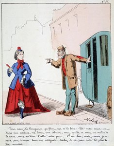 HE. EX. EX. Motoredons: Cartoon van transport in de stad. De koetsier berispt een bourgeois die naar het park gaat terwijl haar man de chauffeur vroeg haar naar een andere plaats te brengen. Tekening door Moloch (1849-1909), rond 1860.