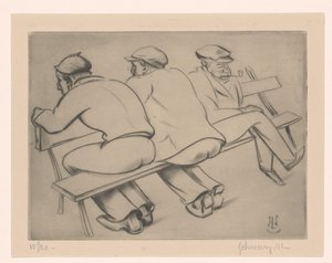 Drie mannen op een bank door Mommie Schwarz (signed by artist)