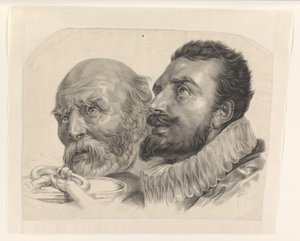 Koppen van twee mannen die een sleutel aanbieden door Monogrammist AC