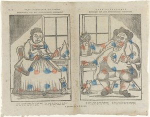 Trijn Antijddorst, Geb: Koffijlief. / Hoofdvrouw van het koffijzusters gezelschap. / Hans Altyddorst. / Hoofdman van het bierdrinkers gezelschap door Monogrammist B (prentmaker)