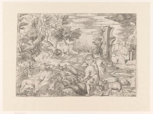 Landschap met herder en kudde schapen door Monogrammist DB (etser 16de eeuw)
