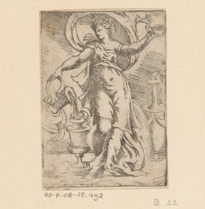 Vrouw met kannen en kruiken door Monogrammist FP (Italië; 16e eeuw)