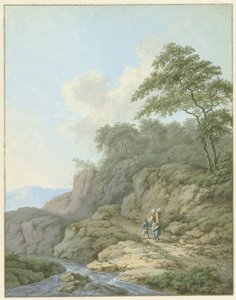 Landschap met vrouw en jongen onderweg door Monogrammist FWH (possibly)
