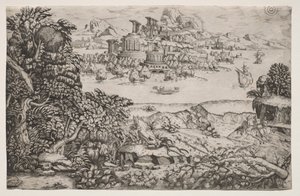 Landschap met een tempel boven een meer door Monogrammist HI