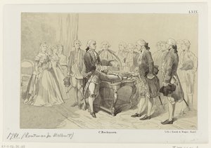 Willem V vereert de helden van de zeeslag bij Doggersbank, 1781 door Monogrammist IHM