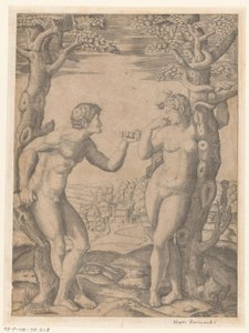 Zondeval van Adam en Eva bij boom van kennis van goed en kwaad met slang door Monogrammist NF (graveur)