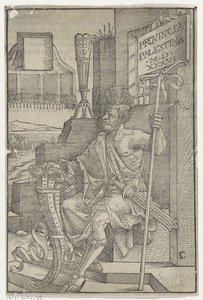 Zittende Romein met een zwaard, een hoorn en een bord met 