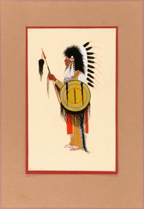 Cheyenne Krijger in Veren Hoofdband met Schild, ca. 1915-1937 door Monroe Tsatoke