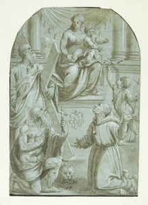 Maria met het kind Jezus tronend, omringd door de apostel Andreas, Johannes de Doper als kind, de heilige Hiëronymus en de heilige Franciscus van Assisi door Moretto da Brescia