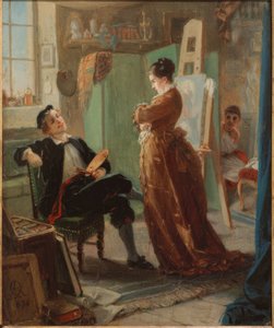 Een schilder in het atelier met vrouw en model