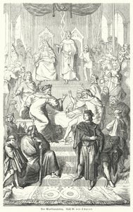 De Sangerkrieg, een wedstrijd tussen minstrelen op het Wartburg kasteel in Thüringen in 1207 (gravure) door Moritz Ludwig von (after) Schwind