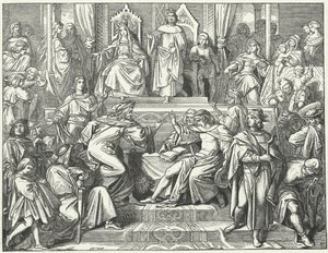 De Sangerkrieg, een wedstrijd tussen minstrelen op het Wartburg kasteel in Thüringen in 1207 (gravure) door Moritz Ludwig von Schwind