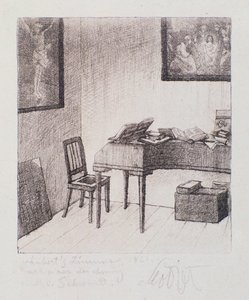Zicht op de kamer van Franz Schubert (gravure) door Moritz Ludwig von Schwind