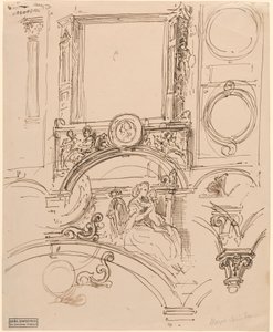 Architectonische details voor een wanddecoratie met keizerin Maria Theresia die de jonge Wolfgang Amadeus Mozart omhelst door Moritz Ludwig von Schwind