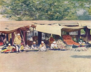 Marktdag in Peshawur, 1905 door Mortimer Ludington Menpes