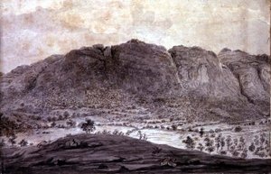 Panoramisch uitzicht op Derwentwater en de Vale of Keswick, detail van bergen, ca. 1772