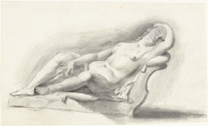 Beeld van naakte vrouw, liggend op een bankkussen door Moses Ter Borch