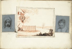 Jongenshoofd, boerenerf en portret van een vrouw